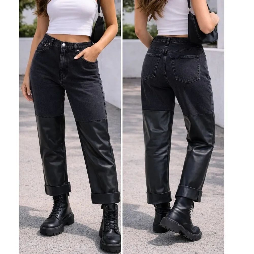 Abercrombie 90s Straight Ultra High Rise Faux Leather Panel Jeans Size 20L / 35